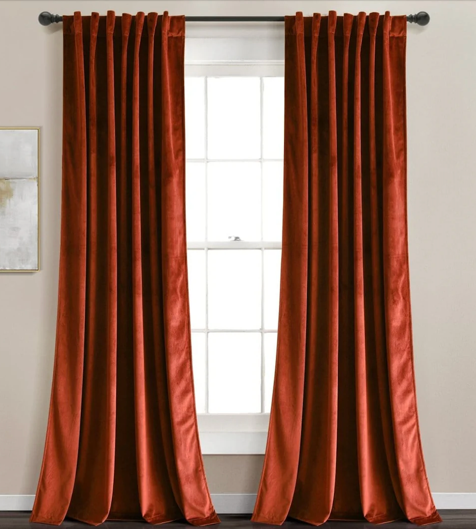 PRIMROSE Burnt Orange Velvet Curtains 96 inch Long for Living Room,Set of 2 Panels Blackout Rod Pocket Back Tab Window Treatment Room Darkening Heavy Decorative Curtains Drapes for Bedroom