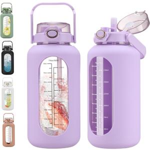 chunmo 74 oz Glass Water Bolttles with Straw Large Motivational Water Bottle with Time Marker Sports Water Bottles with Silicone Sleeve and Handle Lid 2.2L Water Jug for Gym Workout (Purple)