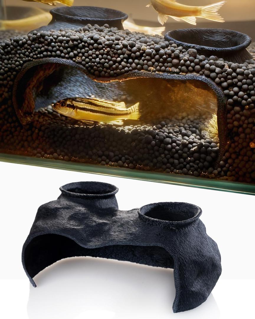 ORBIDYN Dual-Entrance Rock-Texture Cave – Fish Tank Shelter & Aquarium Decor with 2 Tunnels, 6×3.4×2.3in (Black)