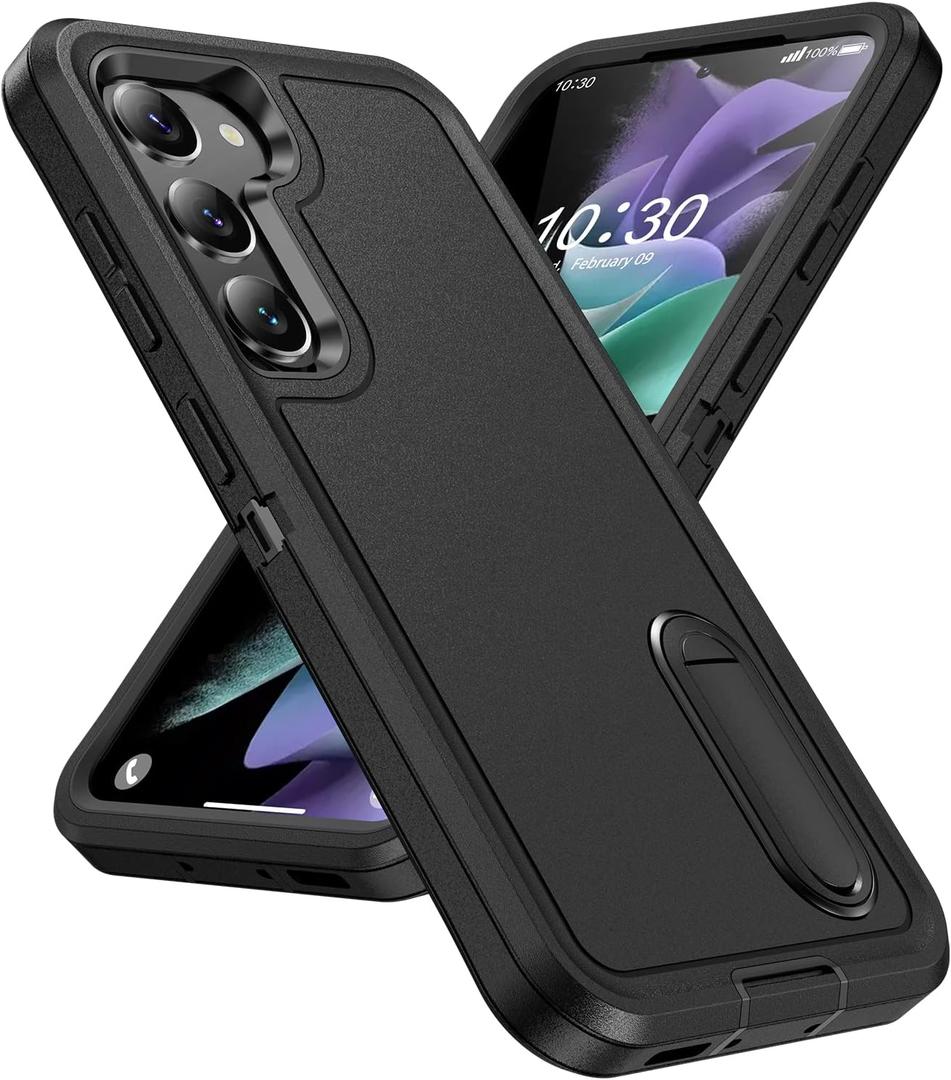 for Samsung Galaxy S23 Plus Case with Kickstand Case 3-Layer Military Grade Protective Case Cover Silicone Rugged Shockproof for Galaxy S23 Plus S23+ Phone Case (Black+Black)