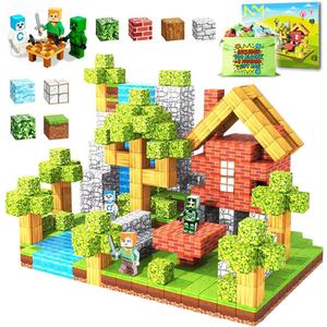 NMStore Magnetic Blocks - Build Mine Magnet World Edition - 100PCS + 3 Figures (with Accessories) + Gift Bag - for Toddlers Gifts for 3+ Years Old Girls Boys | 1" Magnet Cubes