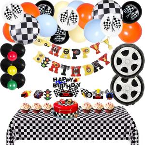 Race Car Birthday Decorations for Kids Boys Girls Racing Car Theme Party Balloons Garland With Banner Cake Cupcake Toppers Tablecloth Checkered Flag Party Supplies Backdrop (Race Car Decoration Set 1)