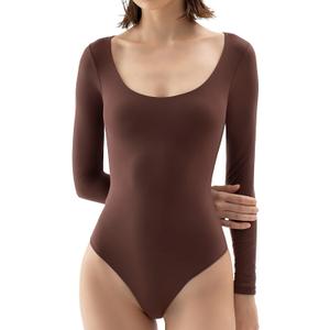 PUMIEY Women's Scoop Neck Long Sleeve Bodysuit Body-hugging Sexy Tops Smoke Cloud Collection, XL