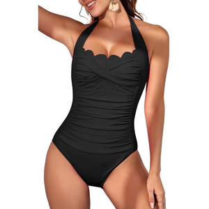 Eomenie Women One Piece Tummy Control Swimsuit Halter Scallop Trim Bathing Suits 1 Piece Vintage Ruched Slimming Swimwear L