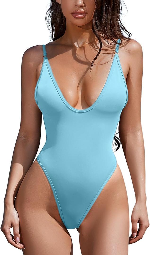ESONLAR Women's Sexy Plunging V Neck Bathing Suit Open Back One Piece Swimsuits (Medium, Light Blue)