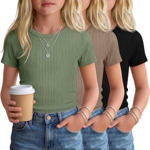3 Pack Girls Short Sleeve Slim Fit Tops | Cotton, Tight, Ribbed Knit, Crewneck, Round Neck, Cute, Casual, Basic Tees, Solid, Plain, Summer, Versatile, Comfortable