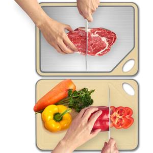 Cutting Boards for Kitchen, Stainless Steel Cutting Board, Double Sided for Chopping Meat/Vegetables, Stainless Steel/Wheat Straw PP, Kitchen Gifts Easy to Clean Large (16"L x 12"W)