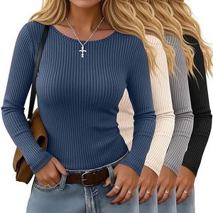 4 Pack Women's Long Sleeve Shirts, Crew Neck Ribbed Stretch Tees Slim Fit Fall Knit Tops Casual Basic Undershirts
XL