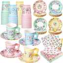 SUMMORO 180 Pcs Floral Paper Tea Cups and Plates 9 OZ Disposable Paper TeaCups and Saucers with Tea Party Napkins Set for Tea Party Decoration Birthday Wedding Bridal Shower Party Supplies