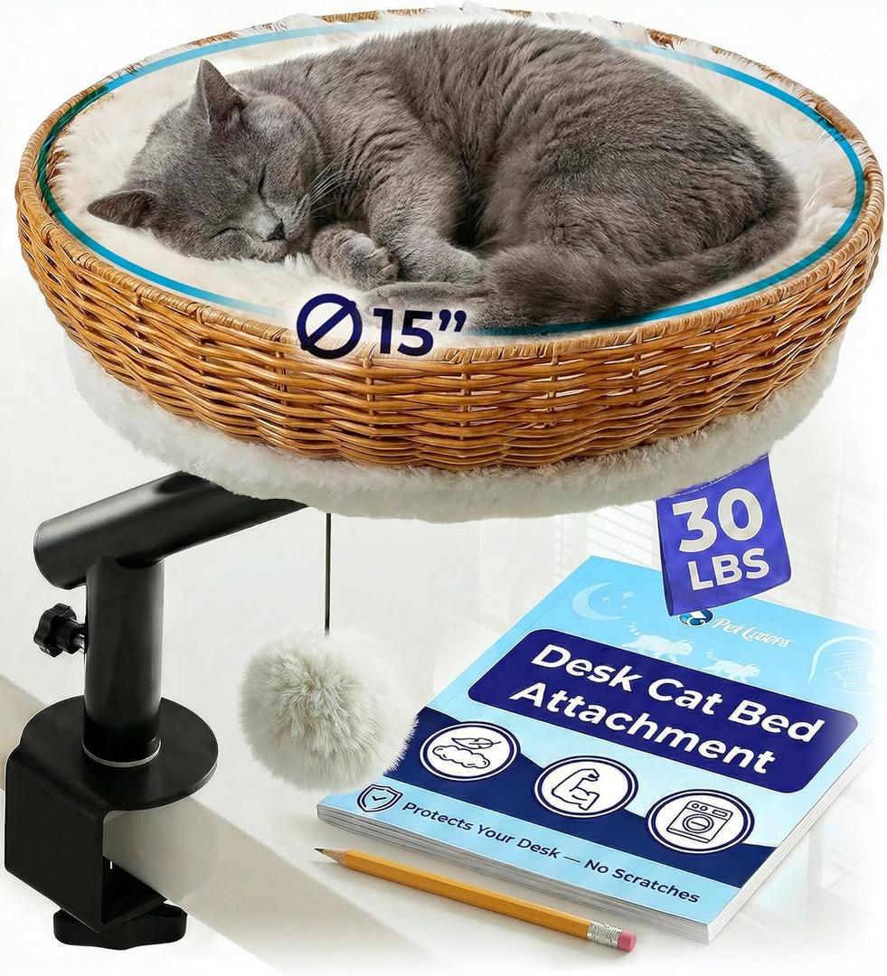 PetLovers Cat Desk Bed - Rattan Elevated Desk Cat Bed Attachment with Removable Washable Cushion, 360 Swivel Arm, Secure Clamp - Keeps Your Pet Close While You Work or Play