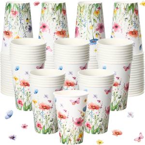 Tioncy 50 Pcs Spring Floral Butterfly 12 oz Disposable Paper Coffee Cups Flower Drinking Cup for Coffee, Water, Juice, Espresso, Hot and Cold Drinks Cocoa Cold Beverages Tea Party Supplies Decoration