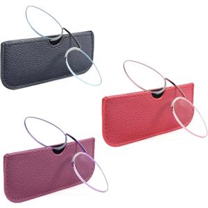 MMOWW 3 Pack Slim Armless Reading Glasses with Portable Cases for Women Men, Pocket Size Small Readers Comfortable Nose Pads (B2 - Blue/Red/Purple)
