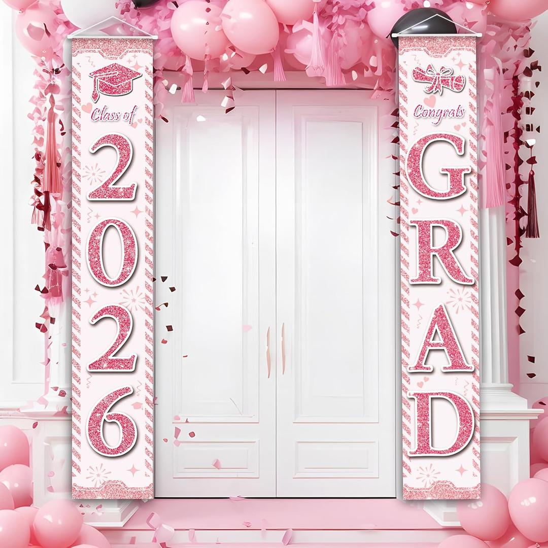 Graduation Decorations 2026, Pink Congrats Grad Banner Porch Door Banners Graduation Party Decorations Class of 2026 GRAD Decor Schools Grades (Pink)