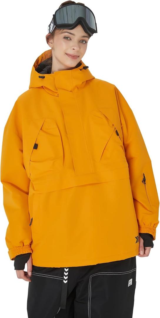SNOWVERB Baggy Anorak Snowboard Jacket Waterproof Half Zip Ski Coat Hooded Insulated Winter Snow Jacket Men Women (X-Large, Orange)