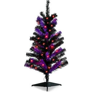 WONDER GARDEN 2.7 FT Halloween Tree with Lights Artificial Halloween Purple Black Tabletop Trees Table Decorations for Indoor Outdoor Home Office Party Holiday Decorations
