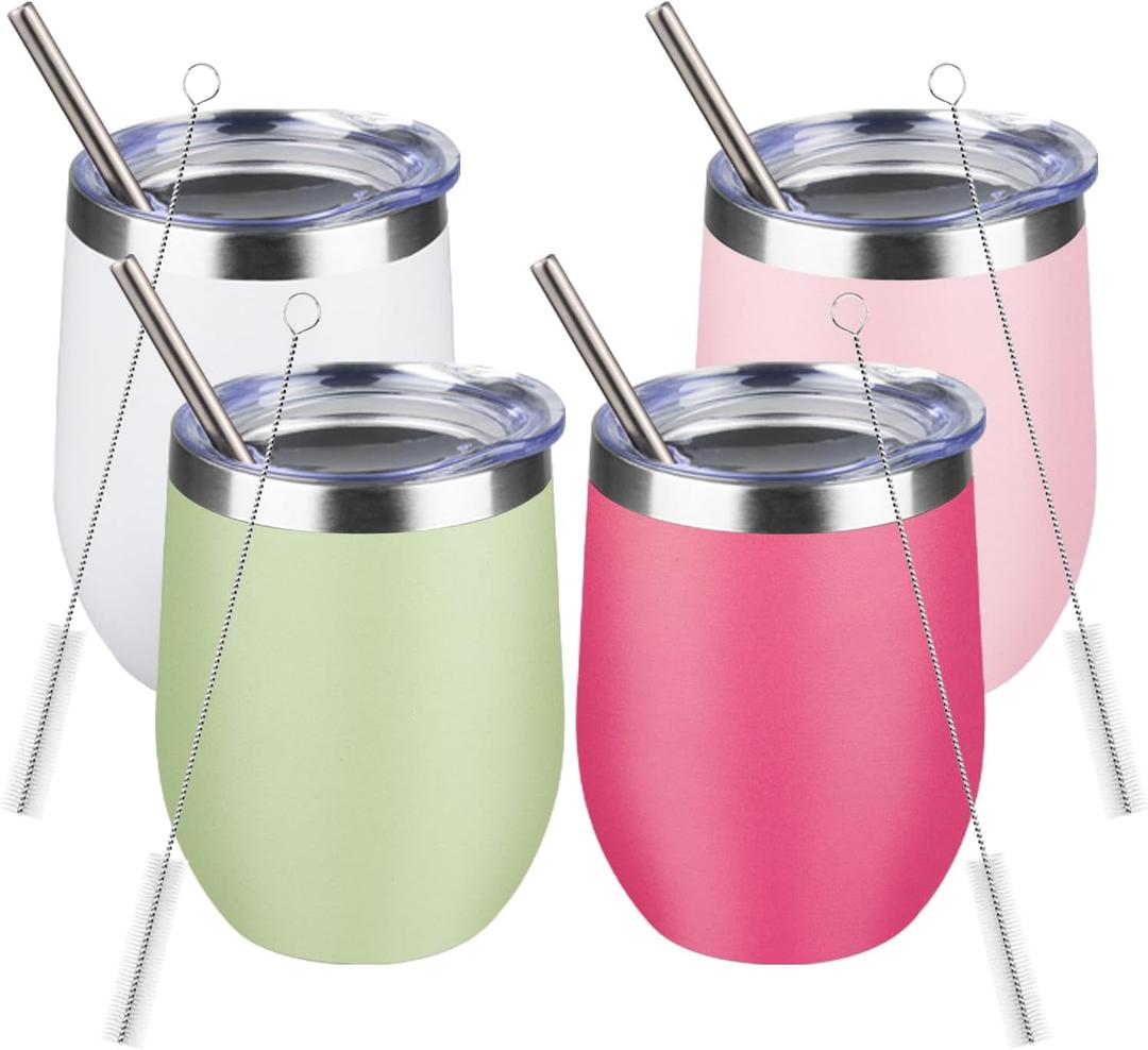 12oz/4 Pack Stainless Steel Wine Tumbler with Lids, Double WallVacuum Stainless Steel Travel Tumbler,Insulated Wine GlassesTravel Tumbler for Cold & Hot Drinks,Cup for Champaign Coffee(Light color)