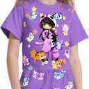 Long Sleeve and Pants Girls Set Cartoon Shirt Set Kids Casual Outfit Fashion Playwear Clothes (6-7 Years, Dark Purple)