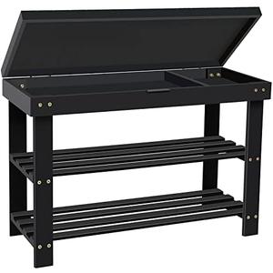 BAMBUROBA Shoe Rack Bench for Entryway, 3-Tier Bamboo Small Bench with Storage Drawer, Shoe Shelf Organizer Indoor Outdoor Use, Black