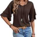 Womens Blouses Ruffle Sleeve Top V Neck Shirts Casual Outfit Bell Sleeve Cute Tee Spring Fall Summer Fashion Clothes (L)