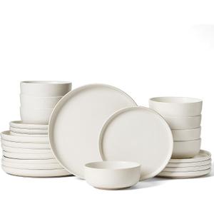 Famiware Milkyway Plates and Bowls Sets, 24 Pieces Dinnerware Sets, Reactive Glaze Dish Set, Stoneware Dishes Set for 8, Matte Beige White