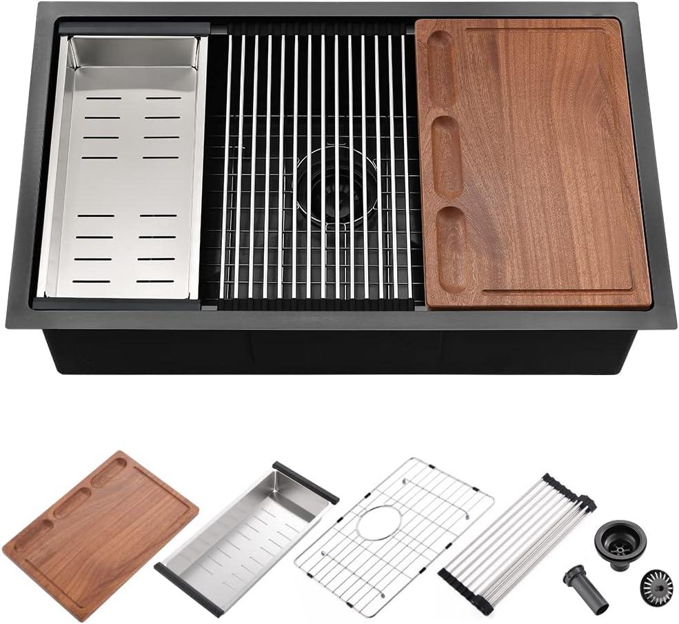 28 Inch Black Undermount Kitchen Sink Workstation-iAnomla 28x18 Kitchen Sink Undermount 16 Gauge Deep Stainless Steel Single Bowl Undermount Workstation Sink with Cutting Board