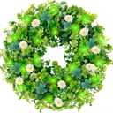 Sggvecsy 18 St. Patrick's Day Shamrocks Wreath for Front Door with 30 Green Lights Artificial Greenery Glittery Clover Wreath for Irish St. Patrick's Day Decoration Wall Indoor Outdoor Home Decor