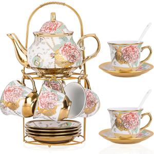 ZOMUIA 20 Pcs Porcelain Tea Set with Metal Holder, European Ceramic Tea Set for Adults, Porcelain Flower Tea Party Set Cups Saucer Service for 6, Beautiful Tea Set for Women, Gift Pack(White)