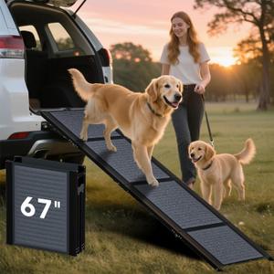 HBTower 67" Long & 17.3" Wide Folding Dog Ramp for Car, SUV & Truck Portable Pet Ramp with Non-Slip Surface, Extra Wide Steps for Large Dogs Up to 250LBS