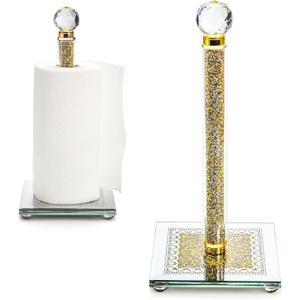 Suwimut Paper Towel Holder, Gold Paper Towel Roll Dispenser Stand Weighted Base Non Slip Filled with Sparkly Crystal Crushed Diamond House Decor for Home Kitchen Countertop Tabletop