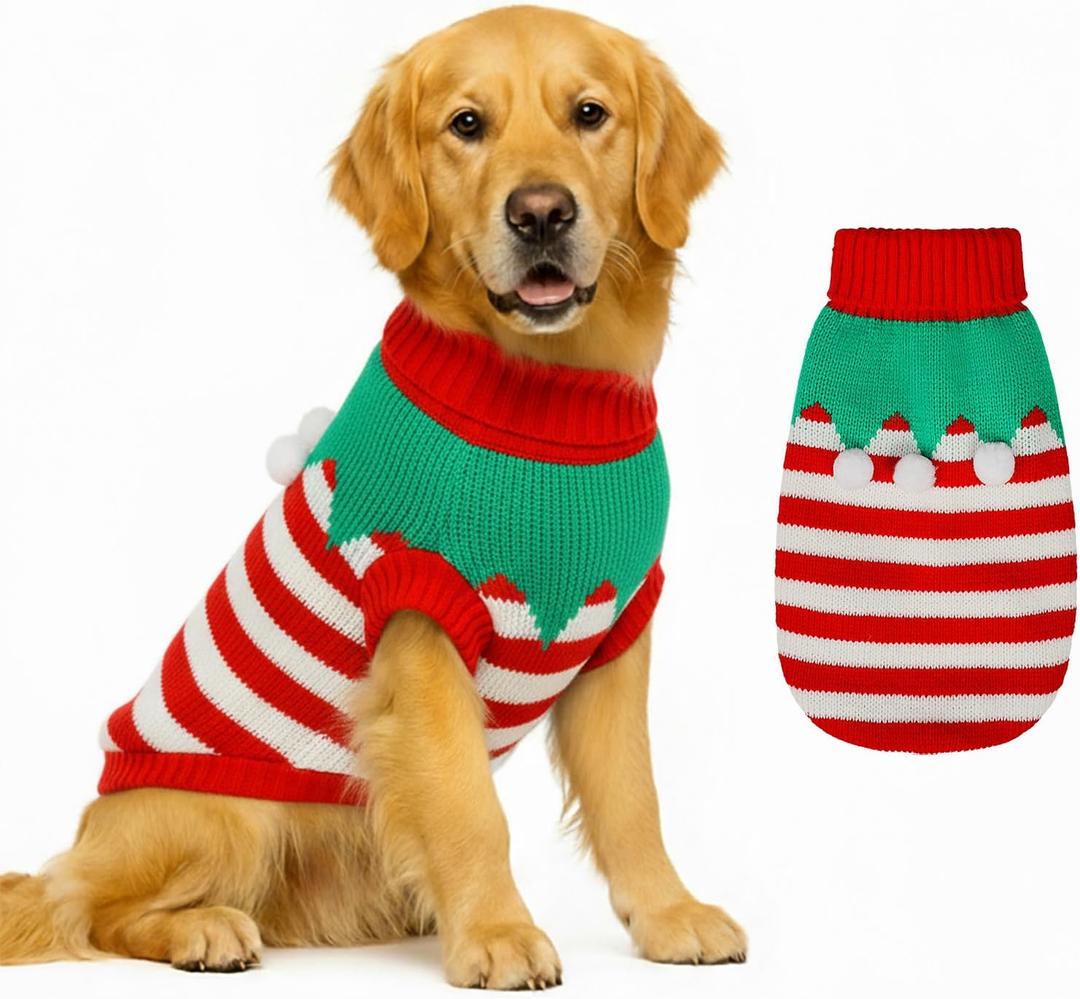 Dog Sweater Knitted for Small to Large Dogs Boy Girl, Classic Turtleneck Dog Christmas Sweaters, Warm & Soft Pet Clothes for Winter (Santa Stripe, L)