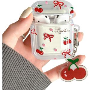 JANDM for AirPods Case with Cherry Keychain,Shockproof Lovely Clear Cute Bowknot Design Case with Keychain for AirPods 2nd/1st