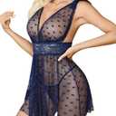 Avidlove Lingerie for Women Sheer Mesh Lace Babydoll Chemise V Neck Sleepwear Nighty Sexy Boudoir Outfits Large