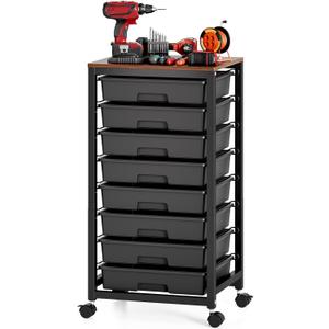 SYKIARIOL Rolling Storage Cart with Drawers,Utility Cart With 8 Drawers and Wooden Tabletop,Rolling Drawer Cart,Storage Drawer Cart for Living Room,Classroom,Bedroom,Bathroom,Dorm,Office, Black