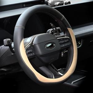 Valleycomfy Microfiber Leather Steering Wheel Covers Universal 15 inch Beige (Medium(Standard) Size[14.5"-15"])