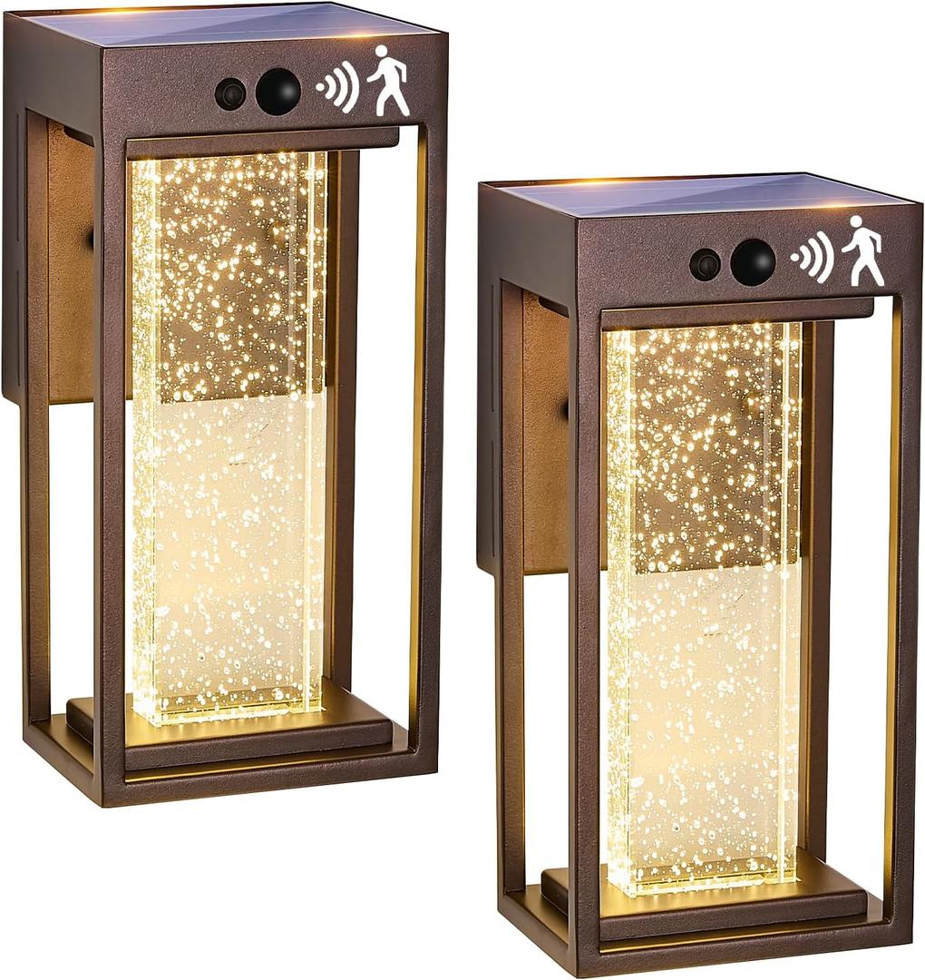 2Pk Oil Rubbed Bronze Solar Outdoor Sconces with 3 Modes Motion Sensor Crystal Exterior Light Fixtures with 4500K 250LM LED Outside Lights for House Waterproof Dusk to Dawn Solar Porch Lights