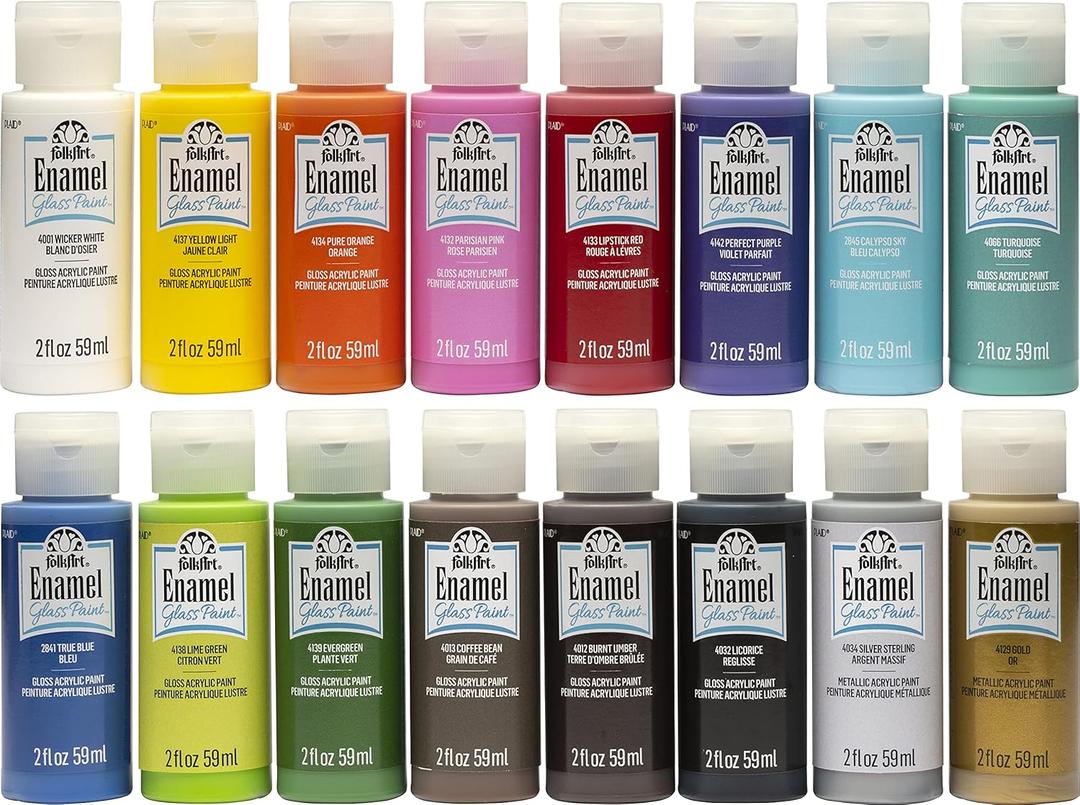 FolkArt Gloss Finish Acrylic Enamel Craft Set Designed for Beginners and Artists, Non-Toxic Formula Perfect for Glass and Ceramic Painting, , 32 Ounce, 16 Count (Pack of 1)