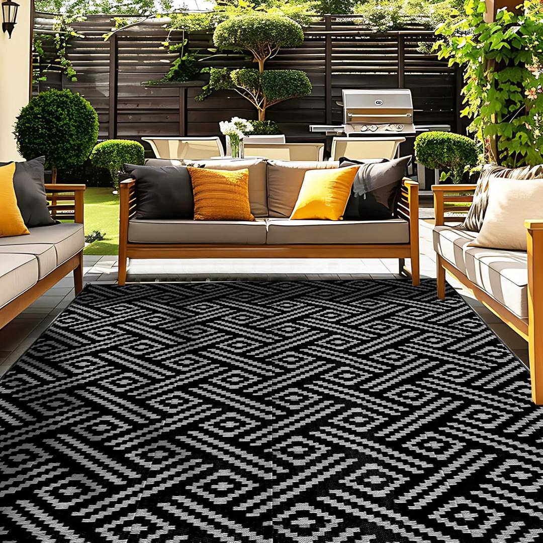 OPPODREAM Outdoor Rug 8x10 Patio Waterproof, Large Outdoor Plastic Straw Rug, Reversible Out Door Carpet for Camping, Deck, Rv, 8 x 10 Area Carpet for Balcony, Porch, Backyard, Black and Grey