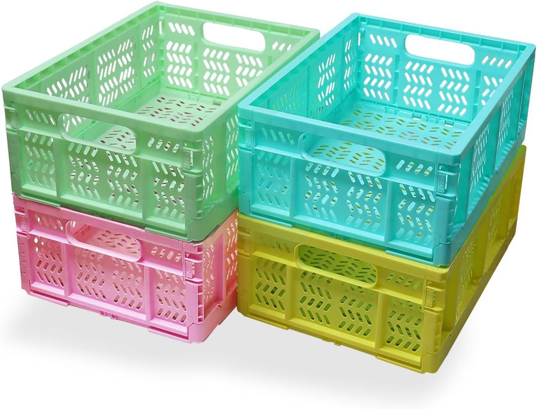 20L Folding Crate, 4Pack Plastic Storage Baskets Organizer for Home and Office,Collapsible Storage Crates for Home Office and Outdoor Organizer. (Mix Colors)