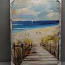 Framed Beach Seascape Wood Artwork: Vertical Rustic Ocean Boardwalk Artwork Vintage Coastal Wave Scene Painting Nature Sea Grass Wall Art Contemporary Nautical Landscape Prints for Bedroom (36L" x 24W")