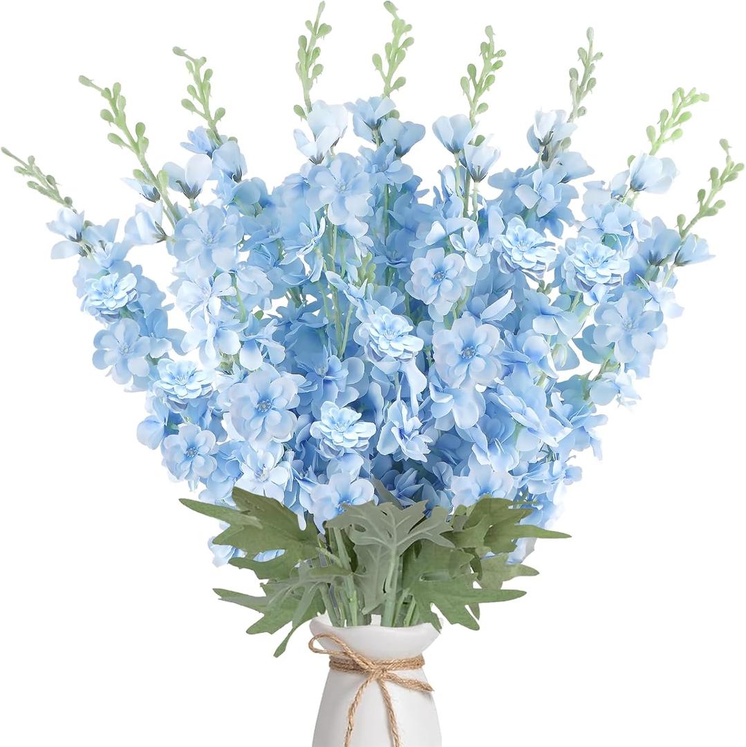 16Pcs Light Blue Delphinium Artificial Flower 33.5'' Faux Flowers Long Stem Silk Larkspur Flowers Bulk for Tall Vase for Home Wedding Floral Arrangements Centerpiece Table Decor