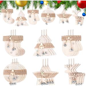 18 Pcs Rustic Christmas Wooden Ornament Set 4'' Farmhouse Elk Glove Star Wood Ornaments Neutral Wooden Xmas Tree Hanging Decorations with Burlap Rope Bell for Xmas Home Decor Winter Party