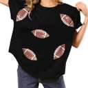 Womens Sparkle Football Sequin Rugby Tee Game Day Pullover T-Shirt Crewneck Oversized Short Sleeve Washed Tops (Small, Black)