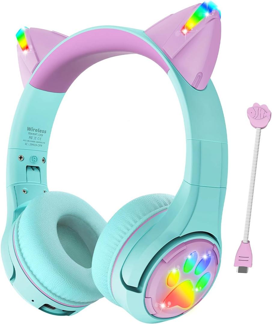 Riwbox CF9 Cat Ear Kids Bluetooth Headphones with LED Light Up,Safe 85dB Volume Limit,Built-in Mic&Boom Mic for Calls,Kids Wireless&Wired Headphones for Tablet/Airplane/School/Online Learning (Green)