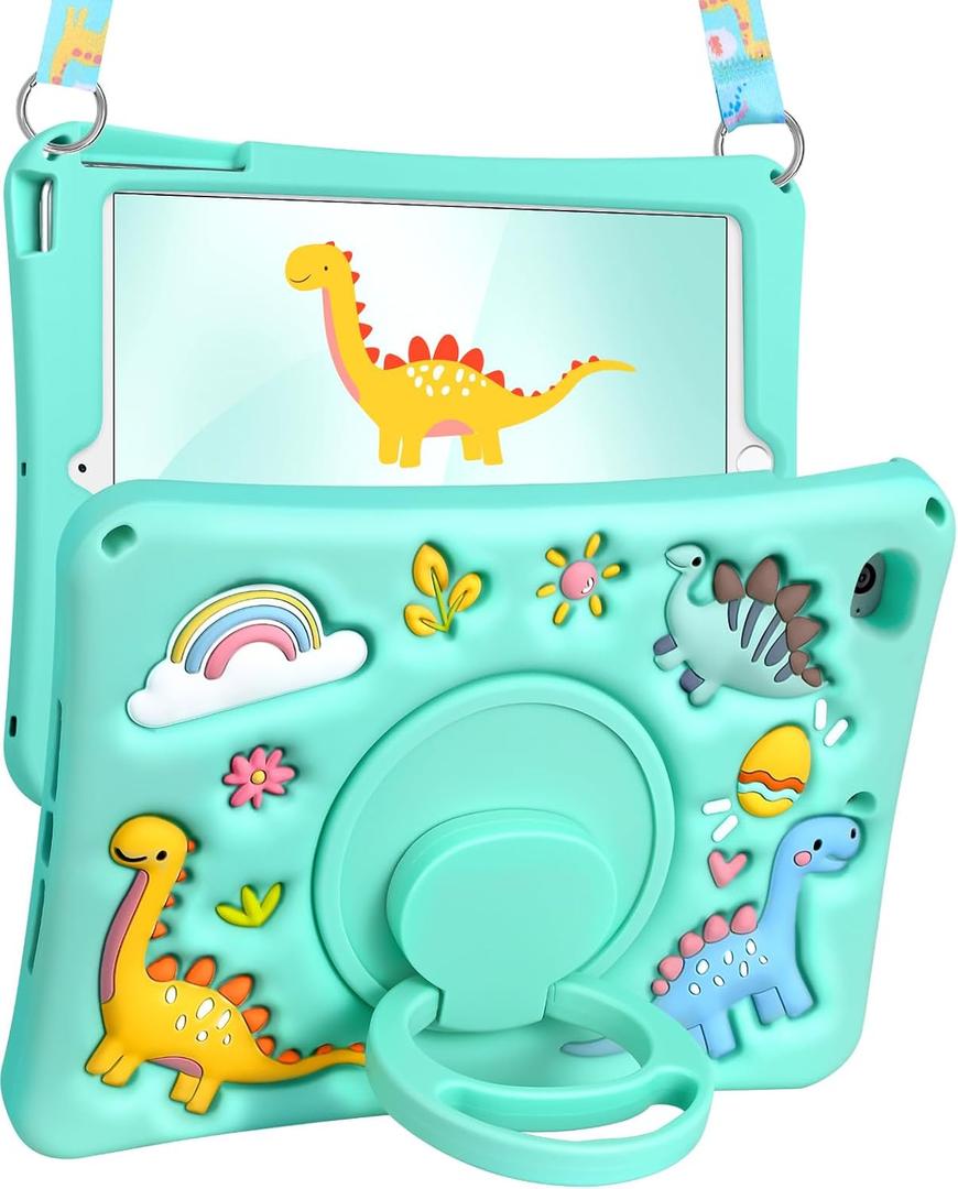 Boaretiu for iPad mini 4/5 Generation Case - Soft Silicone Cute Cartoon for iPad mini 5th/4th Case with Shoulder Strap & Rotating Stand 3D Kawaii for Women Girls Girly Boys Teens, Dinosaur