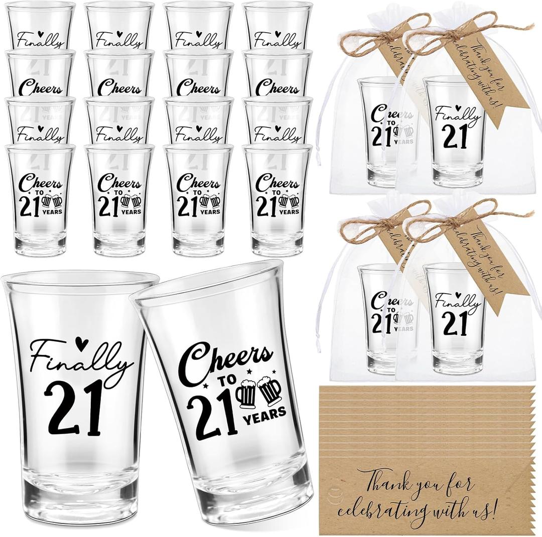24 Sets 21st Birthday Party Favor Finally 21 Shot Glasses Thank You Tag Organza Bag Twine for Guests(Black,Acrylic)