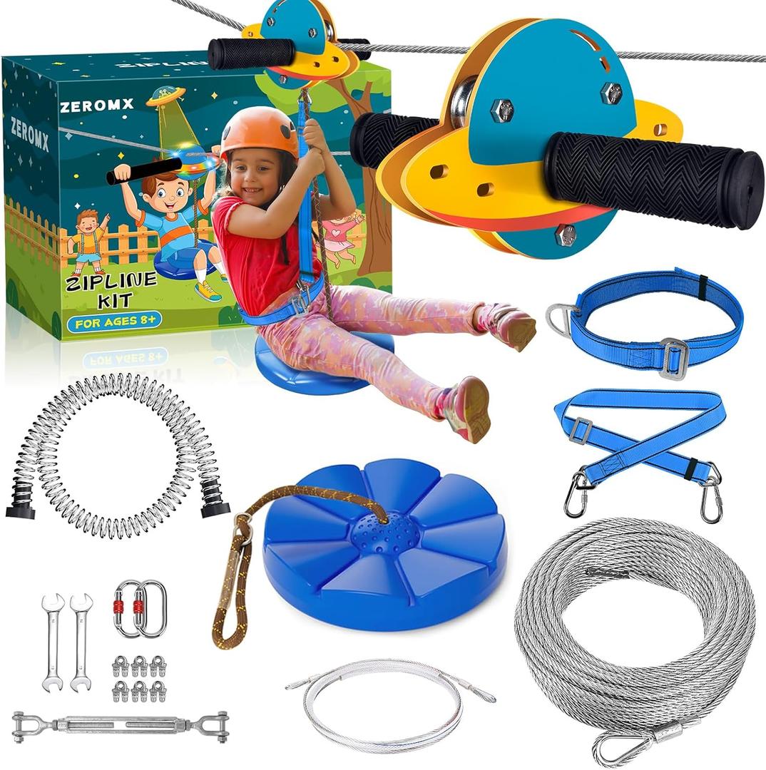 Zip Line Kit for Kids and Adults Outdoor, UFO Trolley 75/100/120/150ft Zipline for Backyard, Up to 350 Lbs, Included Swing Seat, Ziplines Spring Brake and Safety Harness