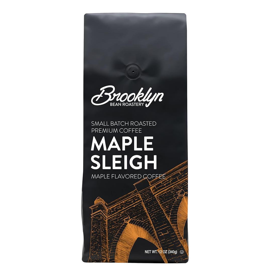 Brooklyn Beans Maple Sleigh 100% Arabica Craft Roasted Ground Coffee, Premium Maple Flavored Roast, 12 Oz Bag, Best By: 12/27/2026