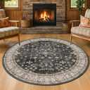 Black Boho Living Room Round Rug 6ft - Washable Dark Vintage Moody Low Pile Non Slip Circle Carpet for Bedroom, Dining Room, Home Office, Study Room, Modern Farmhouse Circular Area Rug Indoor Dcor (Ashen / Multi)