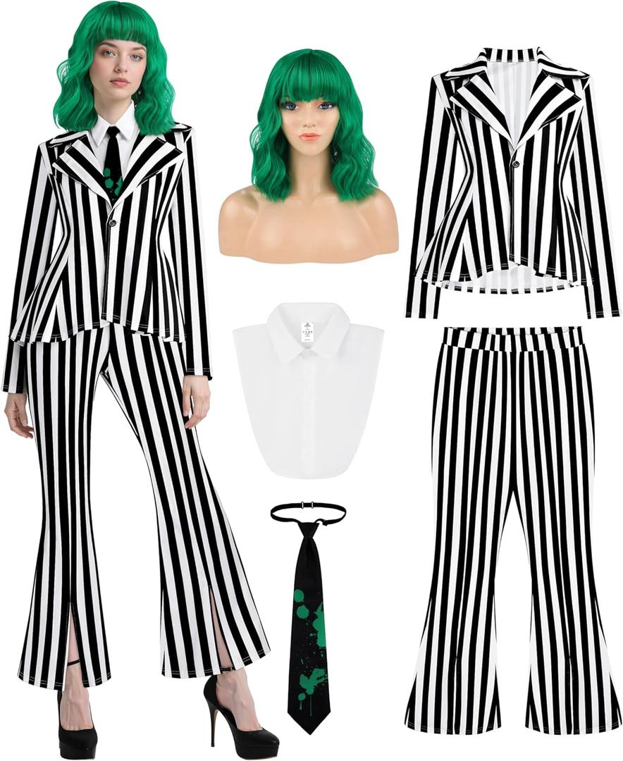 RUODON 5PCS Women Black and White Striped Blazer Pants Pinstripe Suit with Green Curly Wig and Tie, Halloween Cosplay Costume, Size M