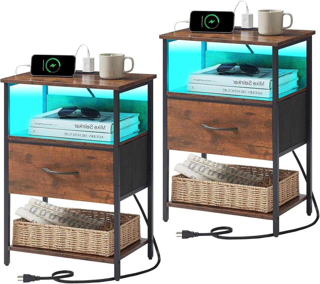 Somdot Nightstand Set of 2 with Charging Station and LED Light for Bedroom, Bedside Table End Table for Dorm Guest Room Bedside Kids Laundry Closet Entryway Hallway, Wood Grain Print (11.8"D x 16.5"W x 24.6"H (1 Drawers))